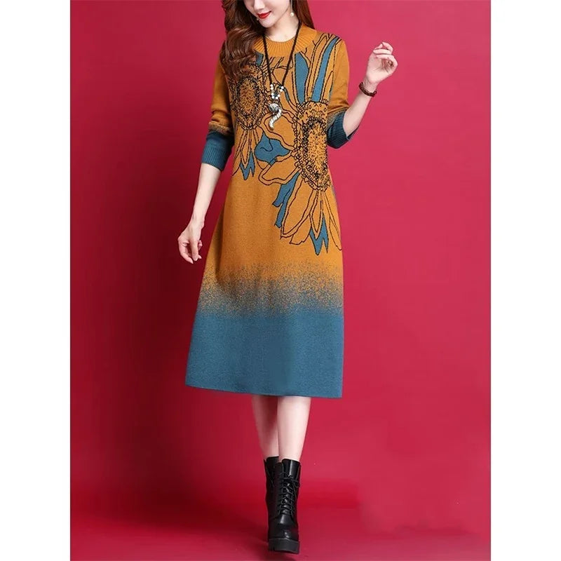 Office Lady Korean Fashion Knitted Dresses 2023 New Winter Slim Wool Elegant Jacquard Sweater Dress - Seprincess