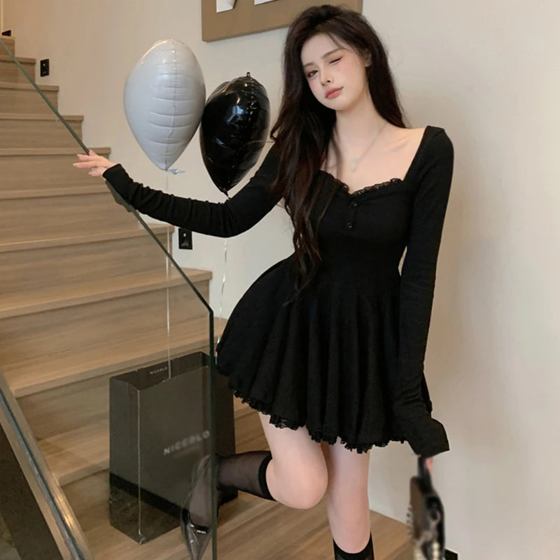 Autumn Women Square Collar Korean Dress Short French Style Long Sleeve Collarbone Exposed Slim Dresses - Seprincess