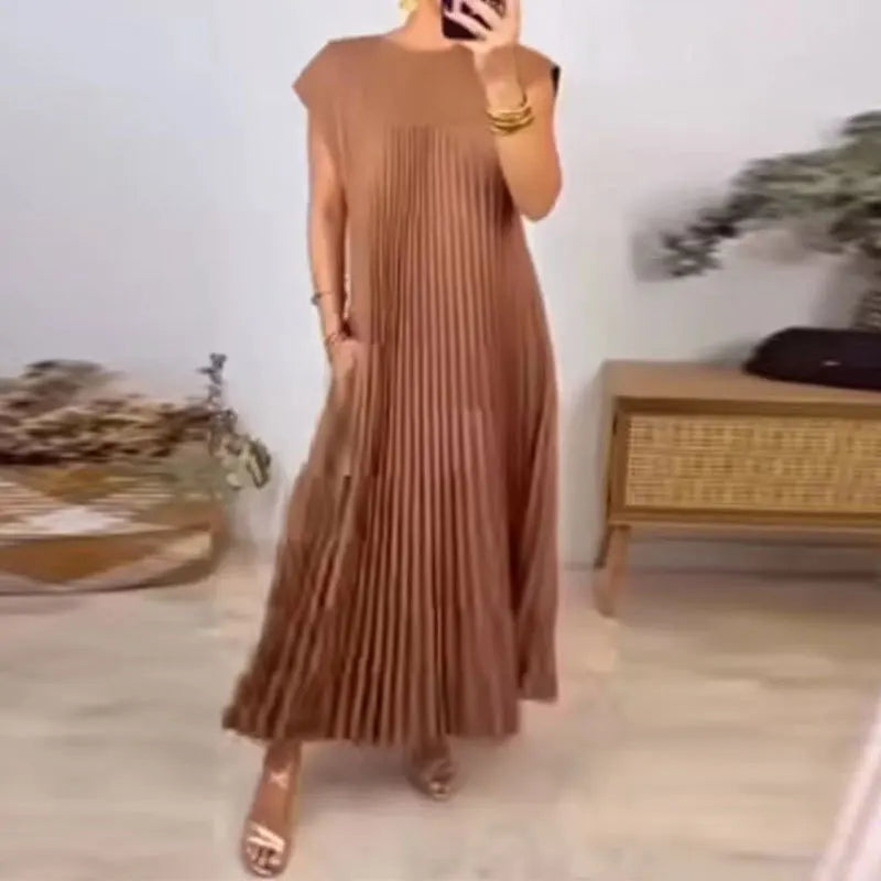 Women's Elegant And Fashionable Round Neck Sleeveless Pleated Long Dress In Solid Color Beige With Pockets, Oversized Long Skirt - Seprincess