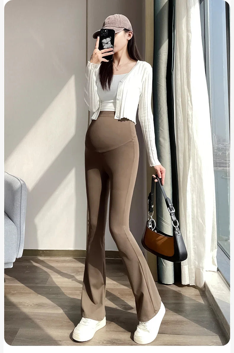 Spring Autumn Maternity Flare Pants Thin Summer Belly Trousers High Waist Pregnant Womens Shark Skin Leggings Pregnancy Boot Cut