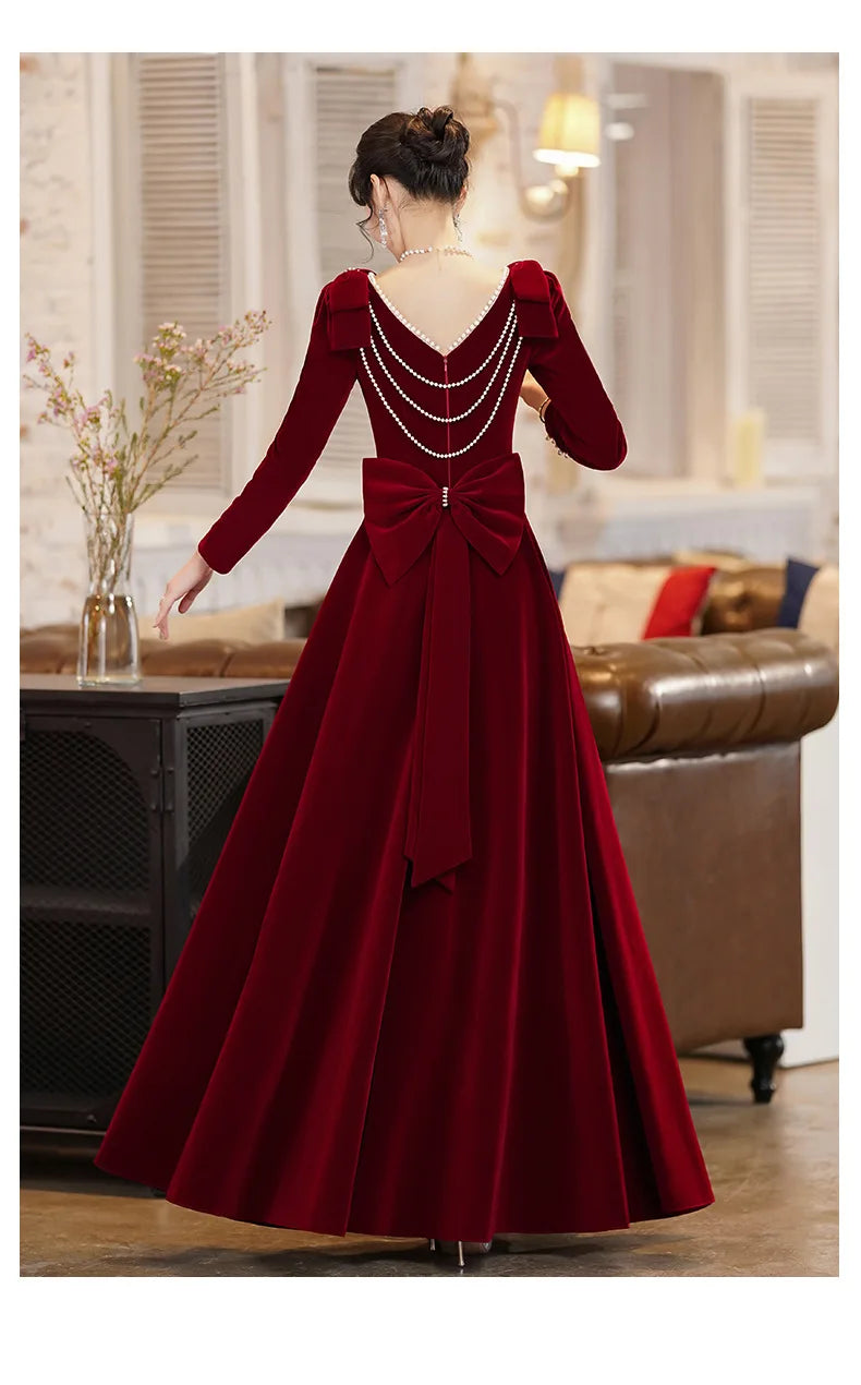 Burgundy Velvet Evening Dress Elegant Beaded Square Collar Engagement Dresses Temperament Bow Long Sleeve Formal Banquet Gown - Seprincess