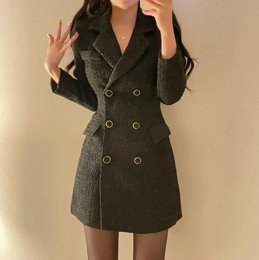 Elegant Tweed Blazer Dress Double Breasted Slim Short Dresses for Women Korean Fashion Office Lady Coat Dress Autumn Winter New - Seprincess