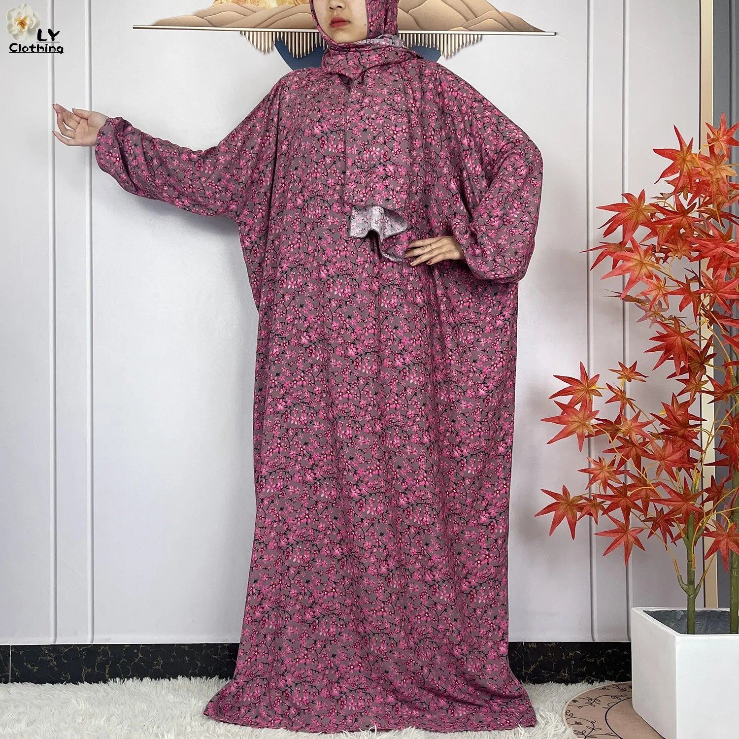 2024Latest Muslim Abayas For Women Ramadan Prayer Maxi Dubai Turkey Femme Cotton Robe Floral Loose African Dress Turban Attached - Seprincess