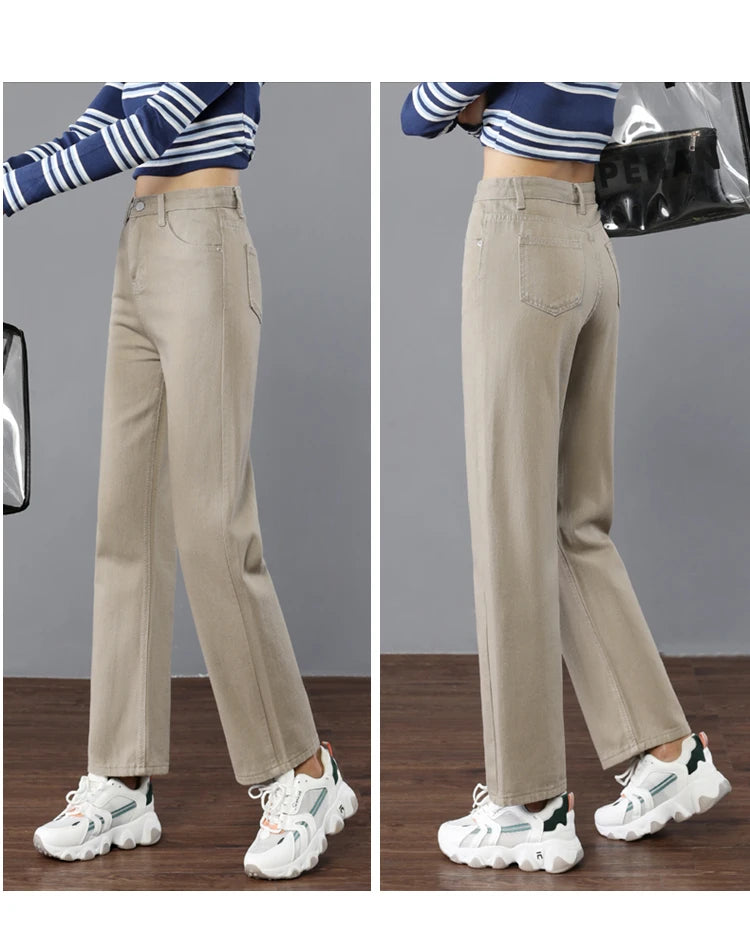 High Quality Korean Denim Jeans Women Straight Pants High Waist Thin White Pink Grey Green Trousers Ladies