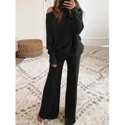 Fashion Long-sleeved Bateau Collar Top + Wide-leg Pants 2-piece Set Women Elegant Autumn Solid Color Knitted Loose Suit Female - Seprincess