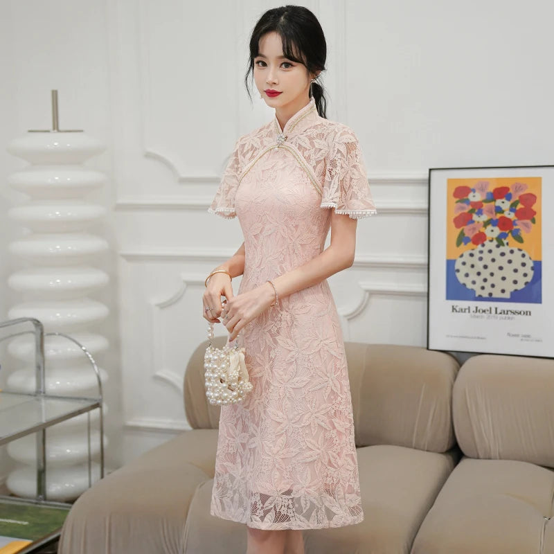 Chinese Traditiona Vintage Lace Improved Cheongsam Summer Short Sleeve Qipao Dress Modern Women Clothes - Seprincess