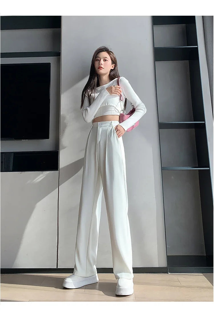 Casual High Waist Loose Wide Leg Pants for Women Spring Autumn New Female Floor-Length White Suits Pants Ladies Long Trousers