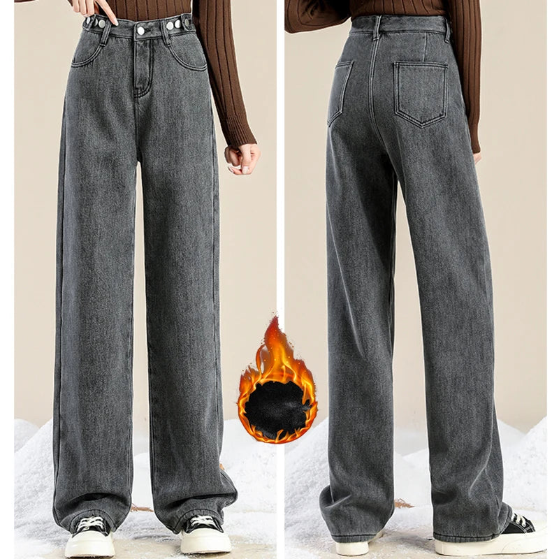 Woman High Waist Streetwear Thicken Jeans Female Fashion Baggy Pants Lady Black Grey Light Blue Blue Punk Thermal Denim Trousers