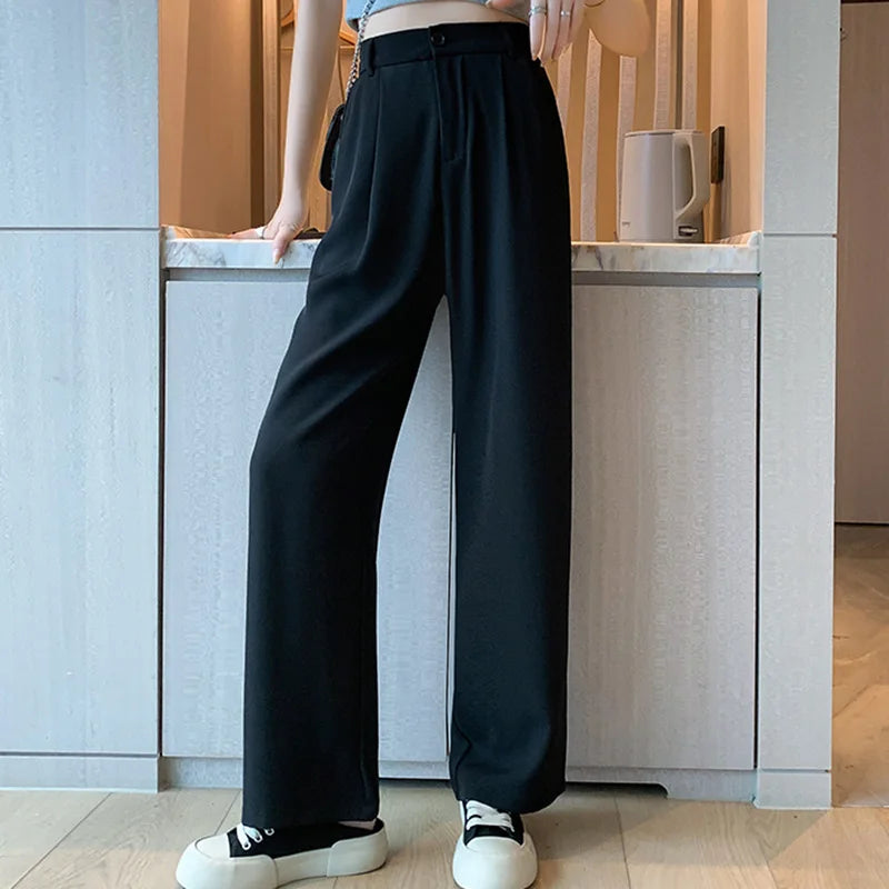 Women Summer Concise Office Daily Pants Lady Comfortable Baggy Wide Leg Straight Leg Trousers Female Casual High Waisted Slacks