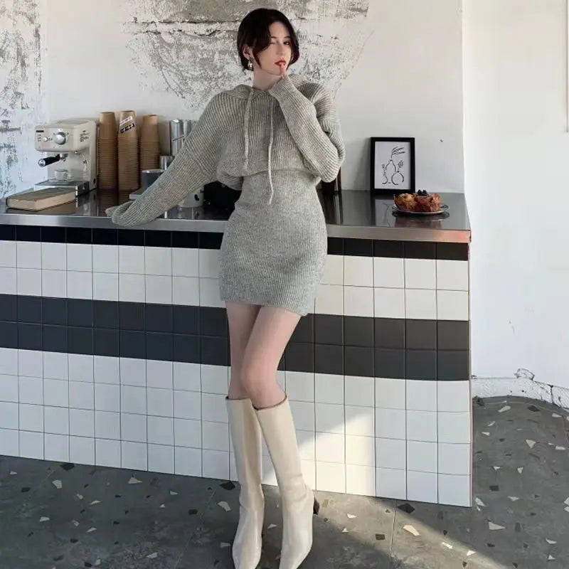 Women Winter Dress Knitted Sweater Solid Slim Elastic Hoodie Dress High Waist Vintage Pullovers Sniper Style Mini Dress Korean - Seprincess