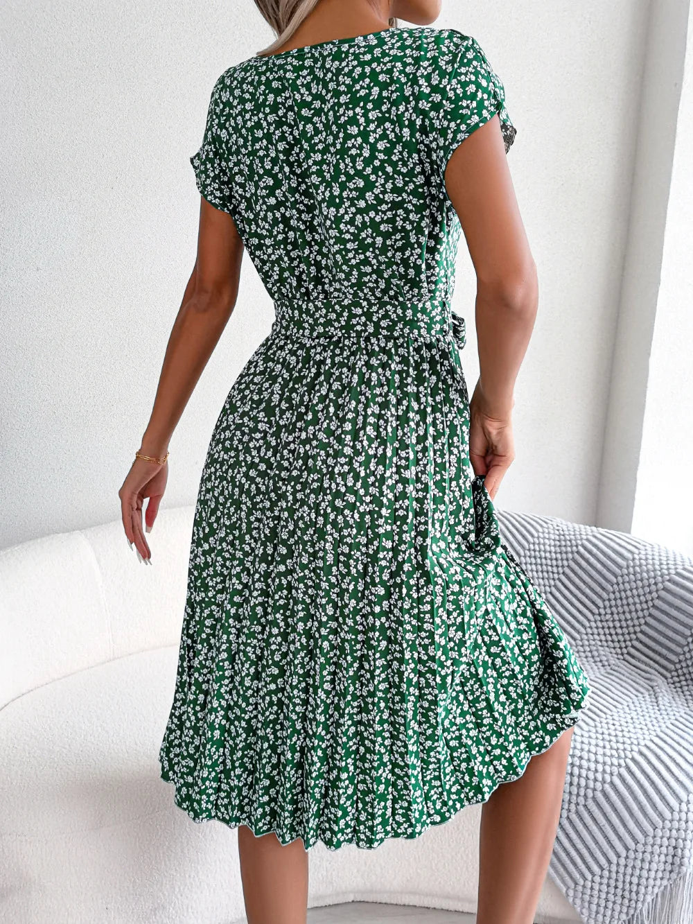 Women Spring Summer Short Sleeve High Waist Chic Dress Fashion Floral Pleated A Line Long Dress - Seprincess