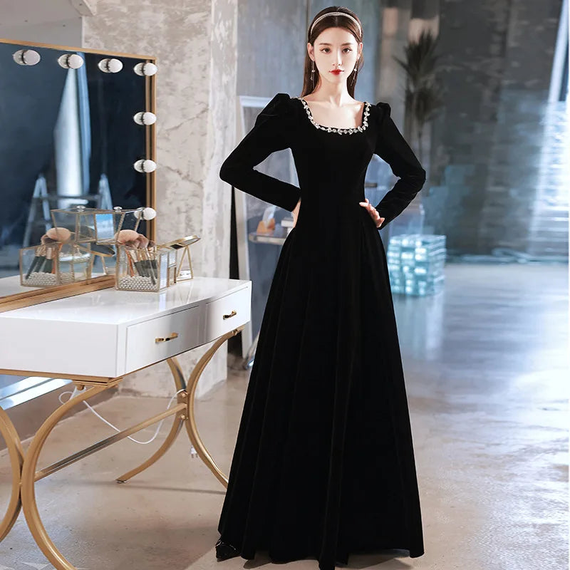 Elegant Beading Square Collar Long Sleeve Black Velour Evening Dress Back Zipper Prom Gowns Cheongsam Robe De Soiree Vestidos - Seprincess