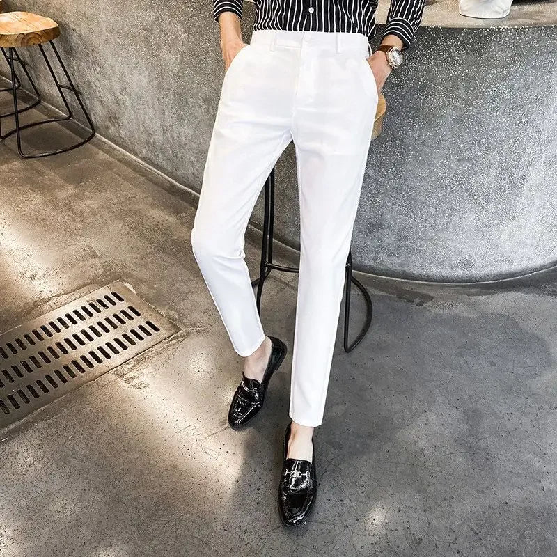 Blue Elastic Man Suits Pants Stretch Trousers for Men Tight Elegant Up Summer 2024 Vintage Cheap Anti-wrinkle Formal Dress Fine