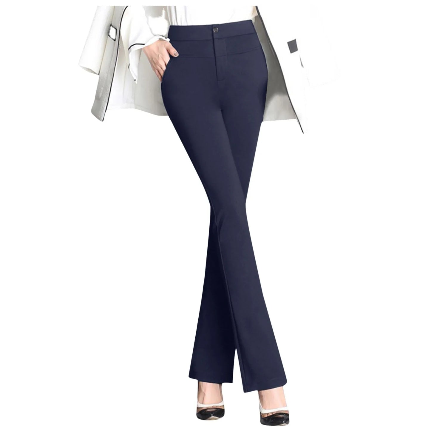 Spring Autumn Casual Button Elastic Mid Waist Black&Navy Blue Straight Trousers Office Lady Quick Drying Suit Pants Female Wear