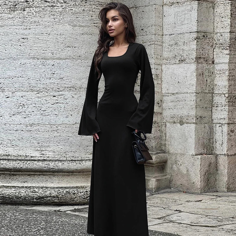 Dulzura Solid Ribbed Trumpet Sleeves Maxi Dress Back Lace-Up Straps Elegant Casual 2023 Autumn Winter For Women Birthday