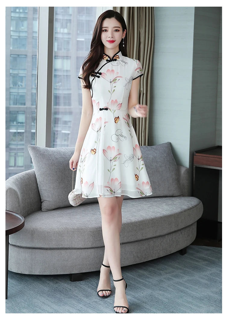 2023 Summer New Modern Improved Cheongsam Chiffon Printing Vintage Traditional Chinese Style Slim Qipao Dress - Seprincess