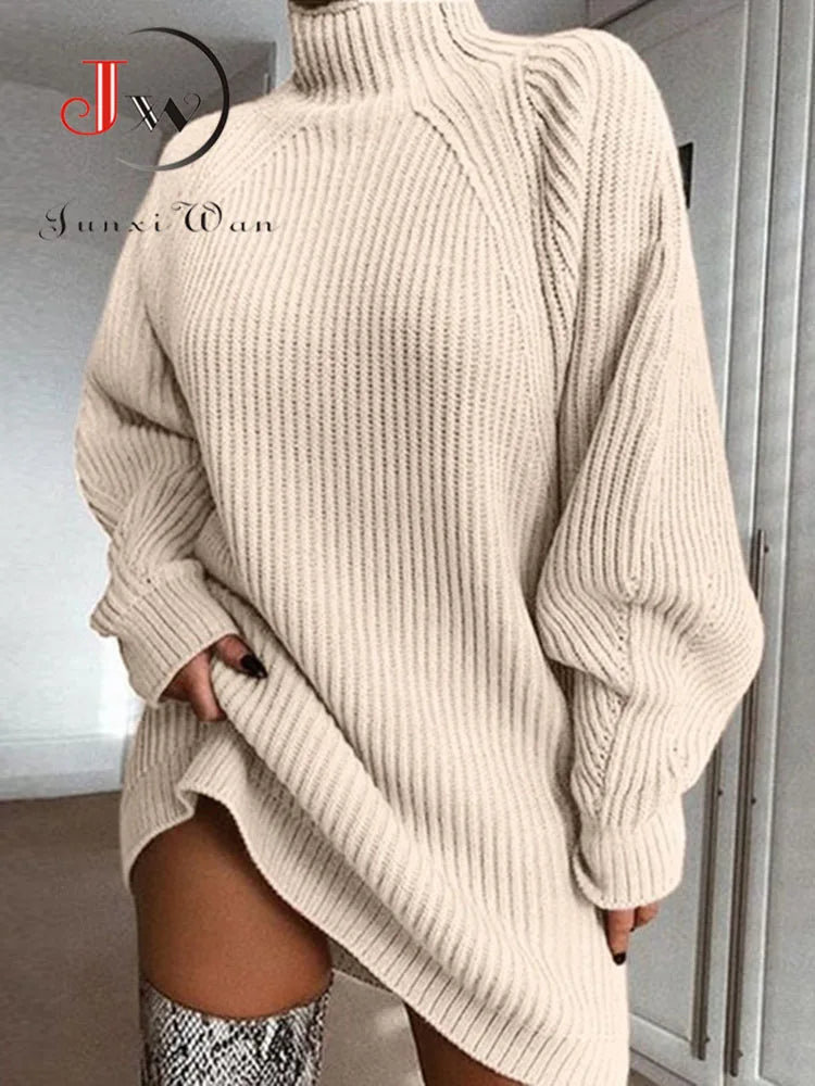 Women Turtleneck Sweater Dress Autumn Solid Long Sleeve Casual Elegant Mini Oversized Knitted Dress Winter Clothes - Seprincess