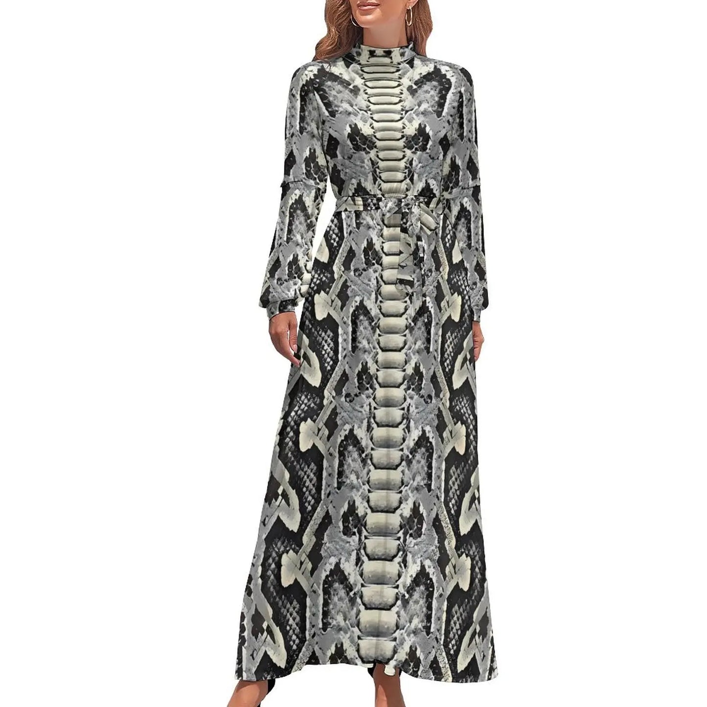 Vintage Snake Skin Print Dress  Kawaii Design Maxi Dress High Waist Long-Sleeve Casual Beach Long Dresses - Seprincess