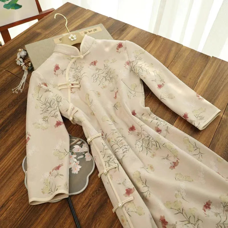 Autumn Elegant Slim Chinese Traditional Dress Women Hanfu Long Sleeve Qipao Shawl Two-piece Set Female Vestido Chino Cheongsams - Seprincess