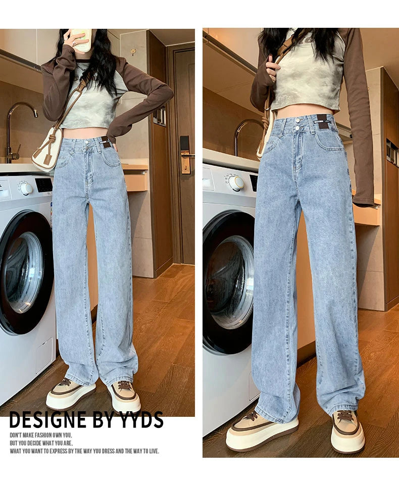 Straight Double Button Denim Jeans Women's New Style Loose Small Narrow Version Classic High Quality Brand Denim Pants