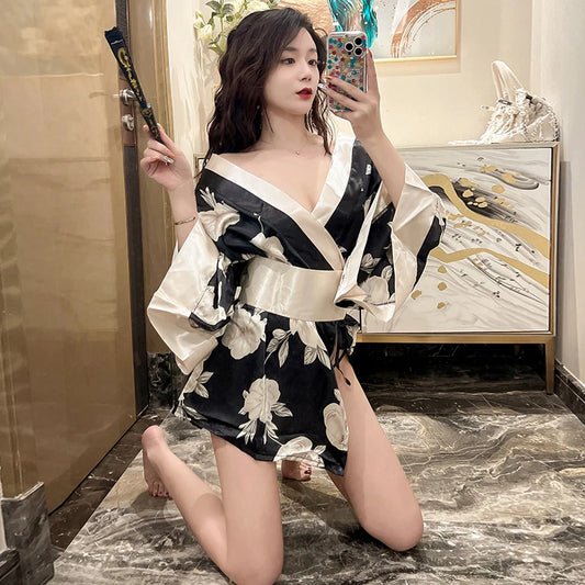 Japanese Kimono Sexy Cosplay Outfit for Women Traditional Style Robe Yukata Sakura Costume Pajamas Soft Silk Belt Lingerie Porno - Seprincess