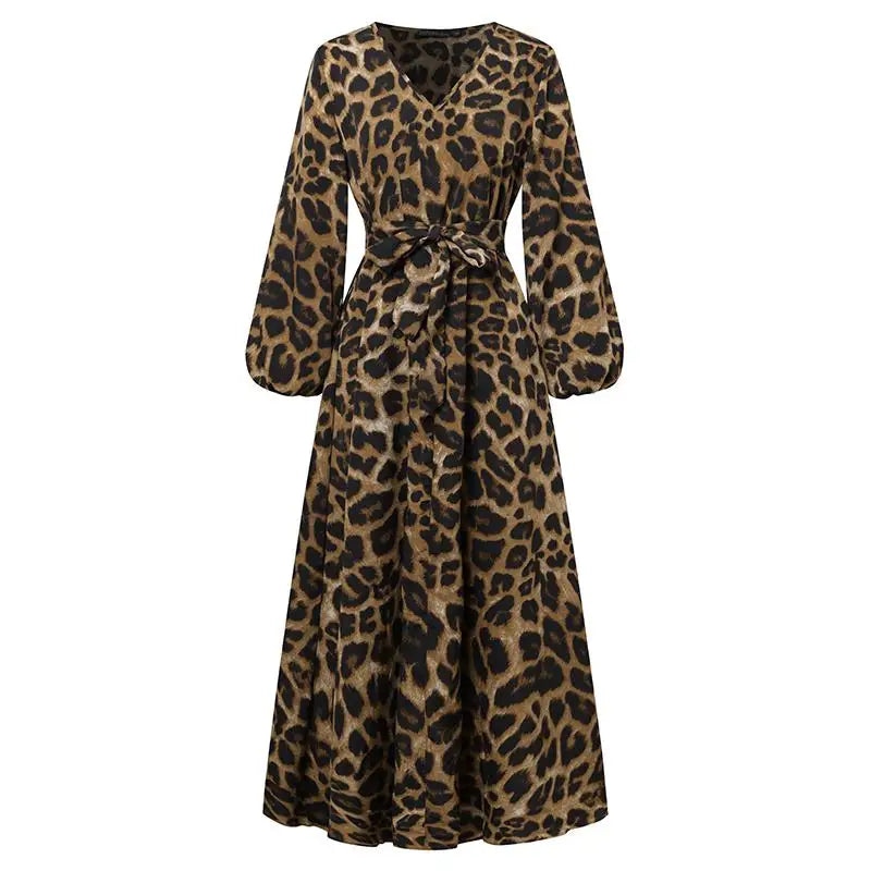 Vintage Women Long Sleeve Leopard Dresses ZANZEA Autumn Sundress Fashion Maxi Long Dress Party Vestidos Female V Neck Print Robe - Seprincess