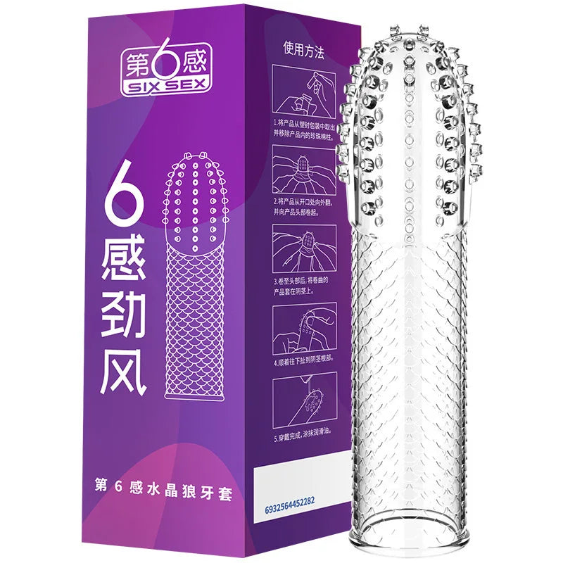 Wolf's Tooth Condom Crystal Single Box Large Particle Stabbing Penis Sleeve Reusable Cock Ring Extender Erotic Condoms for Men