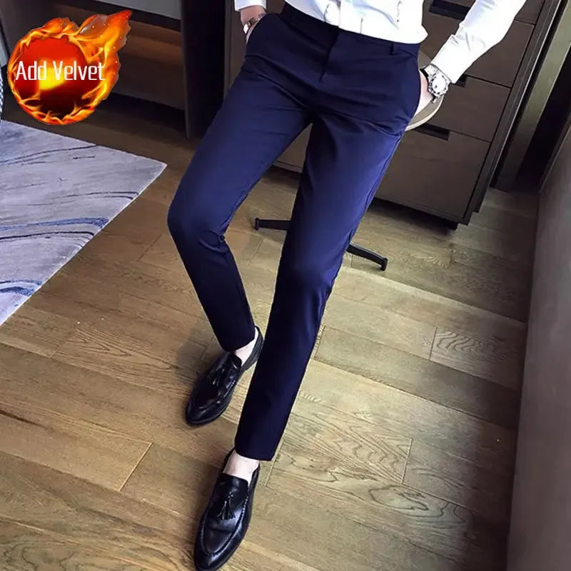 Elastic Business Tressed Male Suit Trousers 9 Cropped Fluid Stretch Social Tailoring Men's Summer Pants Draped Slim Fit Fabric