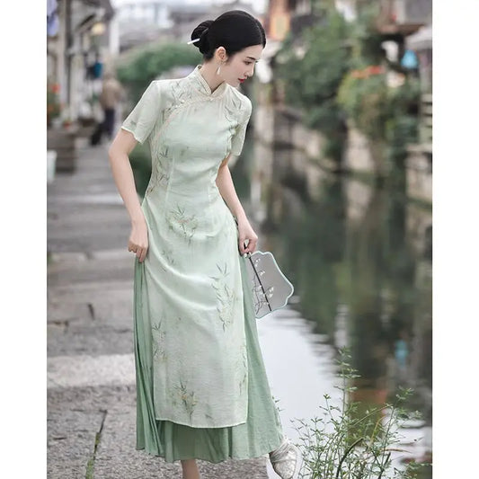 Retro Chinese Style Short Sleeve Qipao Two-piece Set Women New Chinese Style Green Improved Cheongsam Summer Long Dresses - Seprincess