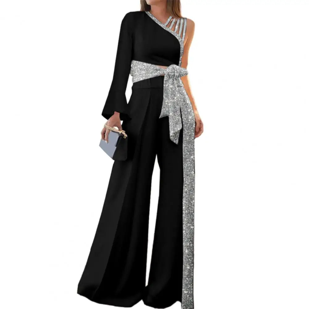 Glitter Trim Elegant Women Outfit One Shoulder Bandage Bowknot Blouse High Waist Wide Leg Pants Set Elegant Office Lady Outfit - Seprincess