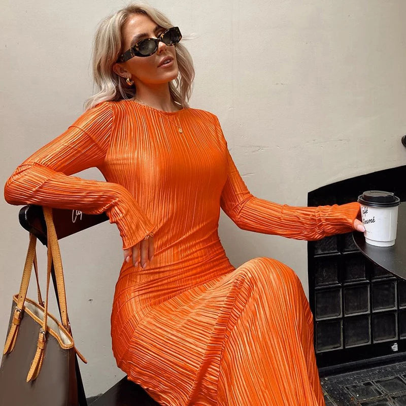 Hawthaw Women Fashion Long Sleeve Streetwear Bodycon Orange Midi Dress 2022 Autumn Clothes Wholesale Items For Business - Seprincess