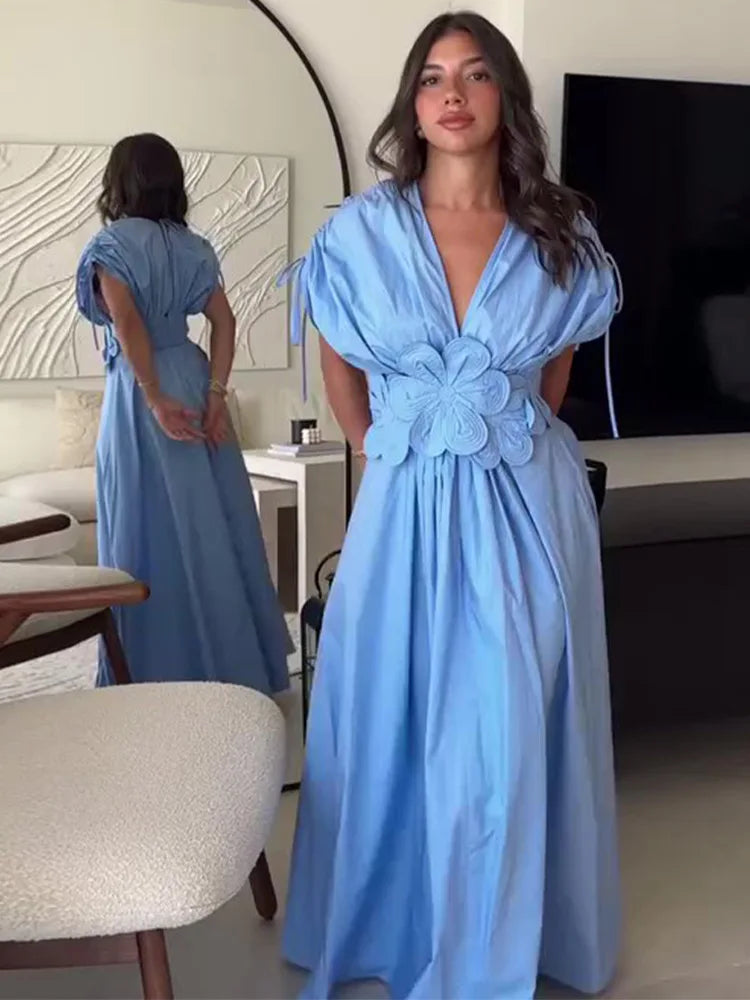 Summer Elegant Pleated Bow V Neck Blue Long Dresses For Women 2024 New Off Shoulder Sleeveless Maxi Dress Ladies Vacation Robe - Seprincess