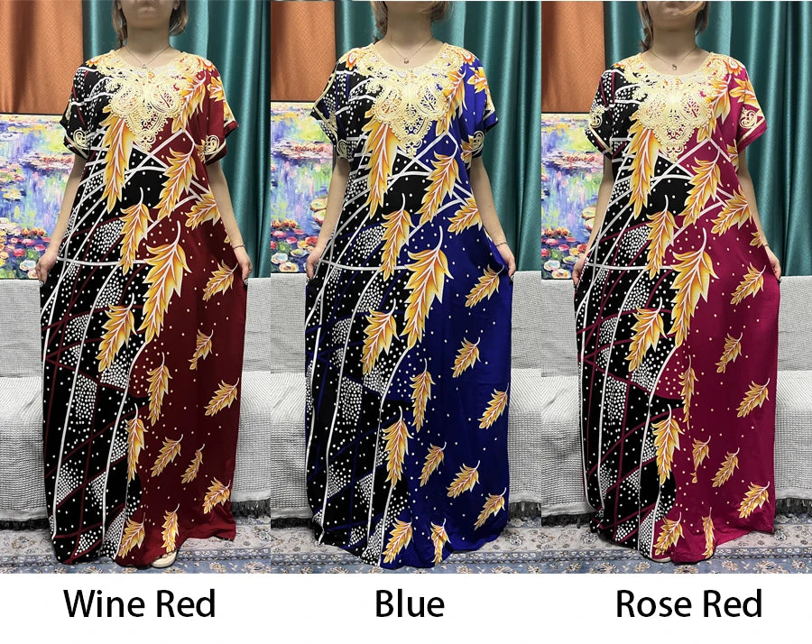 Muslim Printed Abayas For Women 2024 Dubai New Cotton Short SLeeves Appliques Loose Femme Robe African Islam Dresses With Hijabs - Seprincess