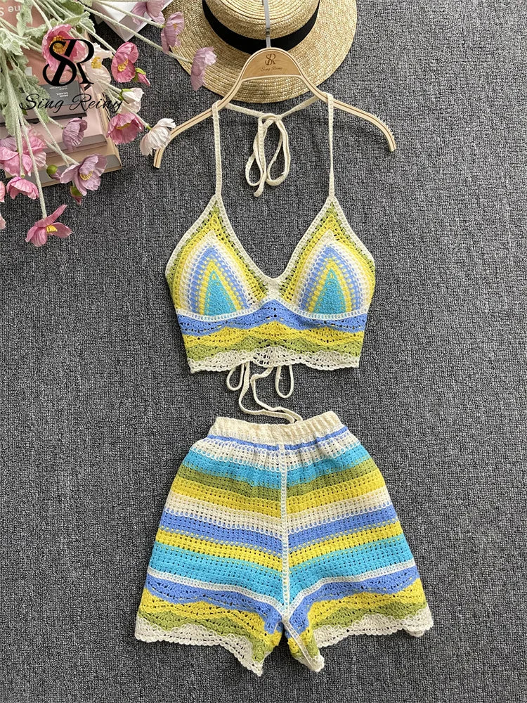 SINGREINY Striped Beach Two Pieces Suits Ladies Halter Backless Mini Camis+WIde Legs Shorts Fashion Korean Bohemian Vacation Set - Seprincess