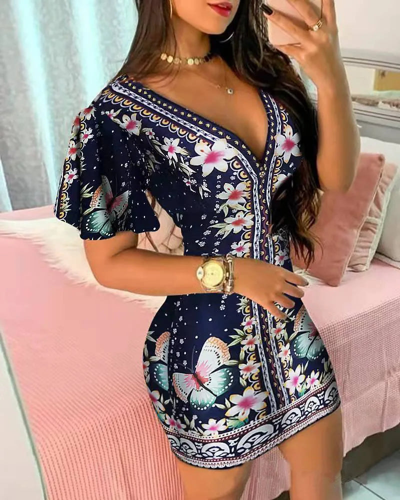 Summer Elegant Floral Print Bodycon Mini Dress Women 2024 Fashion Sexy Deep V-neck Package Hip Dresess Office Lady Party Dress - Seprincess