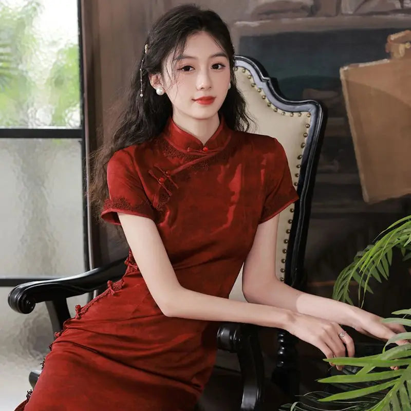 Wine Red Qipao Cheongsam 2023 Chinese Dress Women Classic Mandarin Collar Bridal  Evening Party Gown Young Girls Long Dress - Seprincess