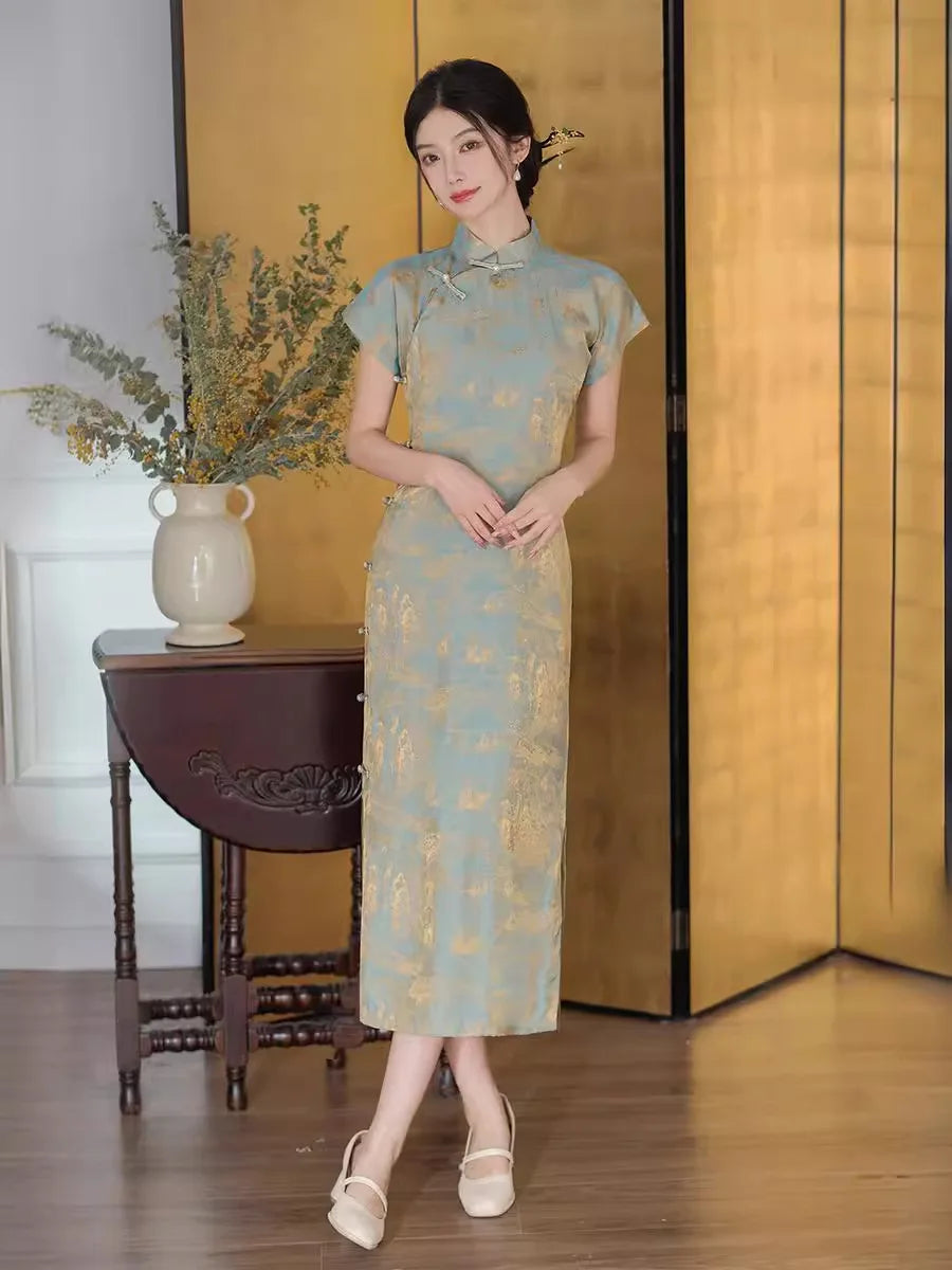 2024 Womens Qi pao Jacquard Modern Floral Plus Size Cheongsam Chinese Dress Short Sleeve Oriental Lady clothing S-XXL 23572 - Seprincess