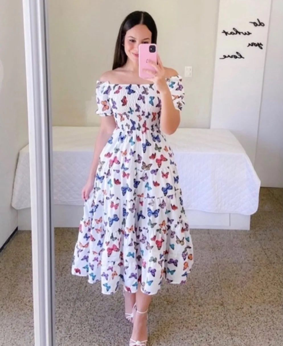 Elegant Women's Off Shoulder Midi Dress 2024 Summer Fashion dresses High Waist Flower Print Short  Sleeve Dress Robe Clothing - Seprincess