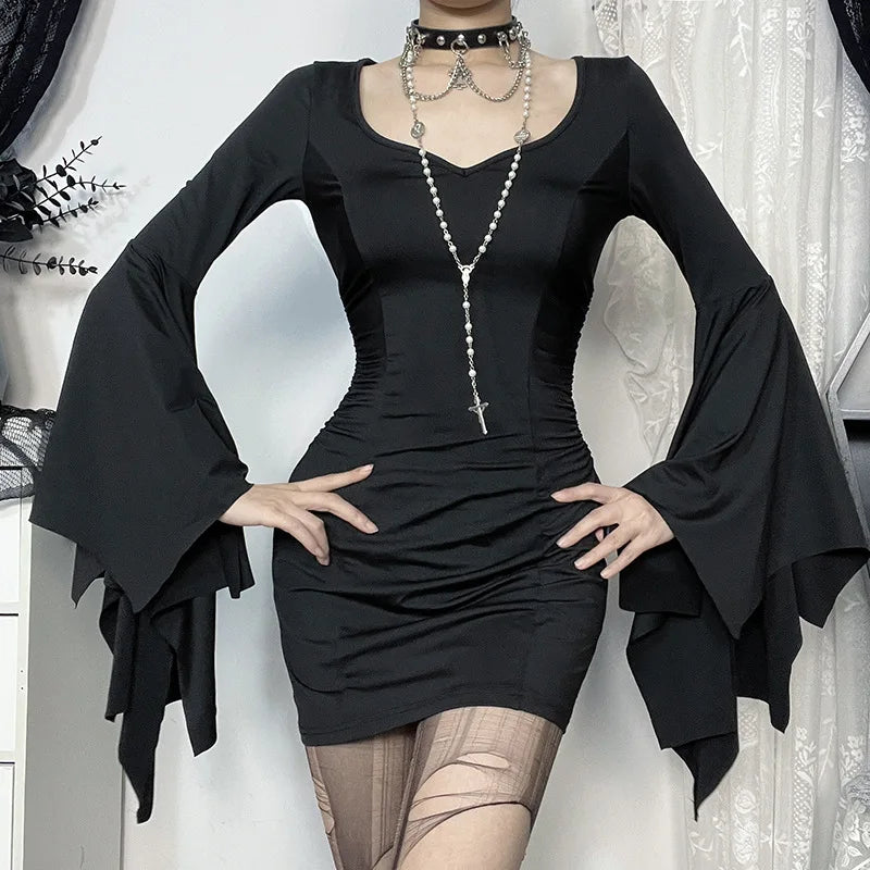 goth dark Cospaly Partywear Women Fashion Batwing Sleeve Mini Dress Elegant Slim Pleat Bodycon Dresses Mall Gothic Alt Teachwear - Seprincess