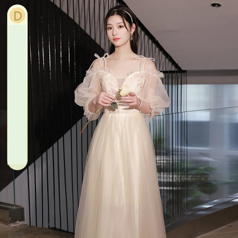 Champagne Bridesmaid Dress Women's Sweet Tulle Embroidery New Temperament Sisters Evening Dresses A-Line Wedding Party Gown - Seprincess