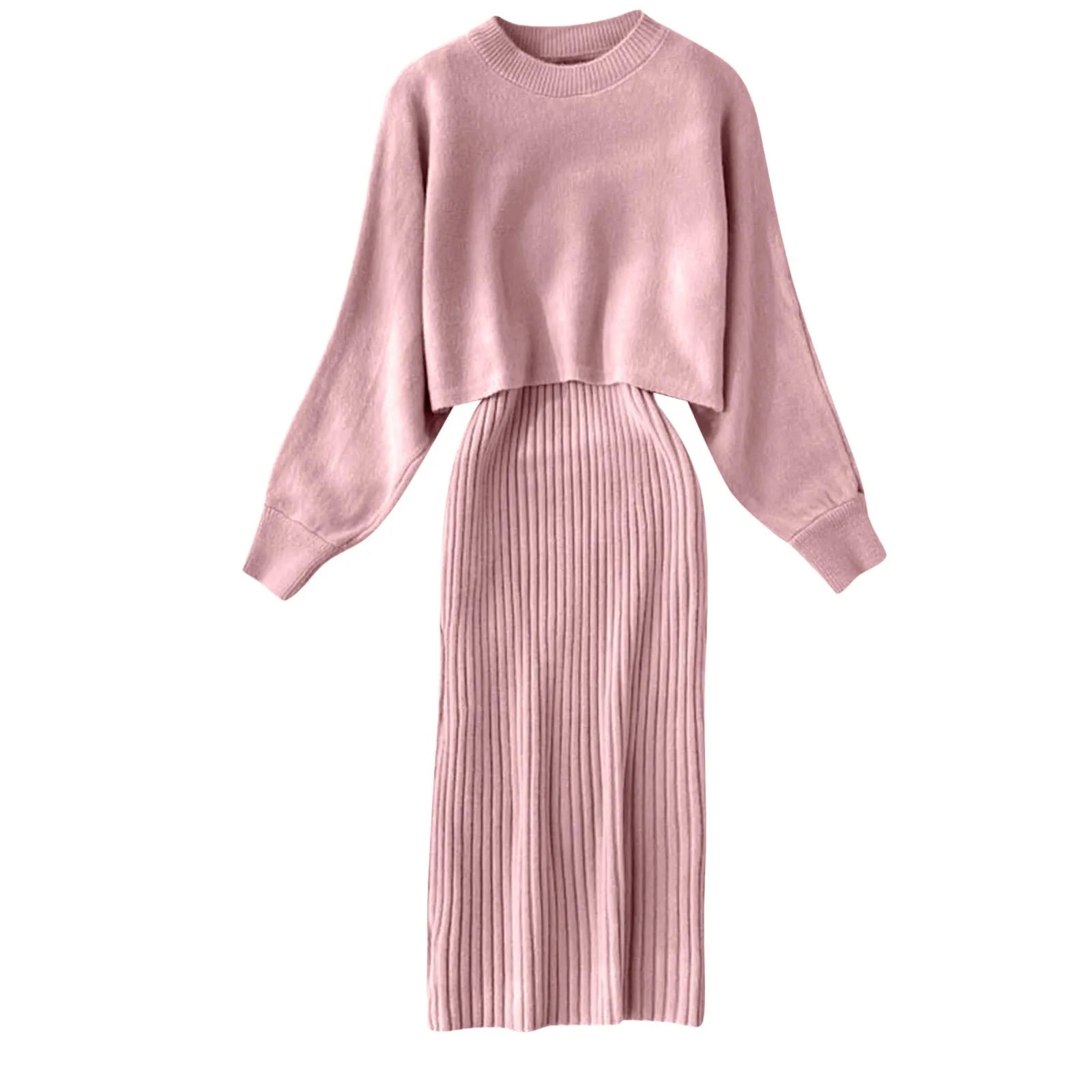 Women Autumn Winter Long Sleeve Knitted Solid Slim Elegance Tops Elastic Lazy Solid Color Knitted Dress Two Piece Dresses - Seprincess