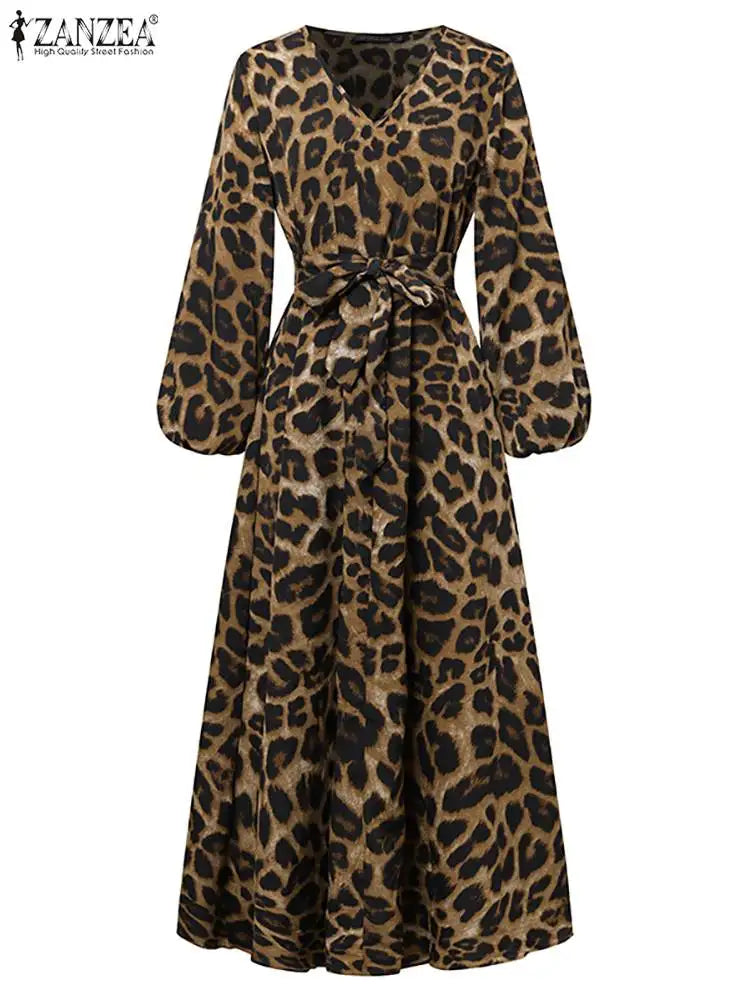 Vintage Women Long Sleeve Leopard Dresses ZANZEA Autumn Sundress Fashion Maxi Long Dress Party Vestidos Female V Neck Print Robe - Seprincess