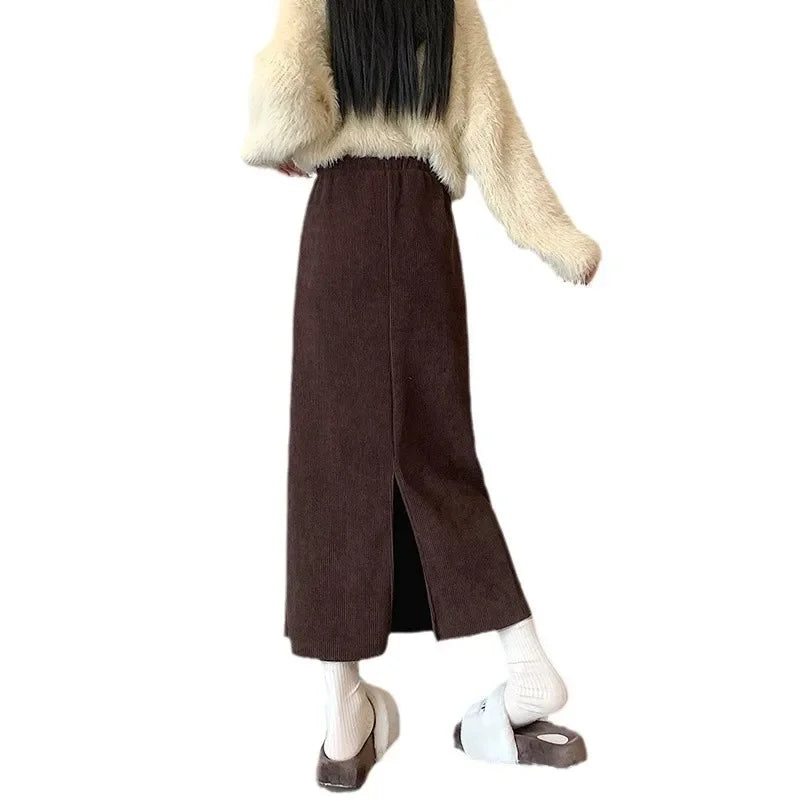 Thickened Fleece-Lined Corduroy Skirt Women's Autumn/Winter 2024 New Medium-Length A- Line Skirt With Side Slit High-Waisted