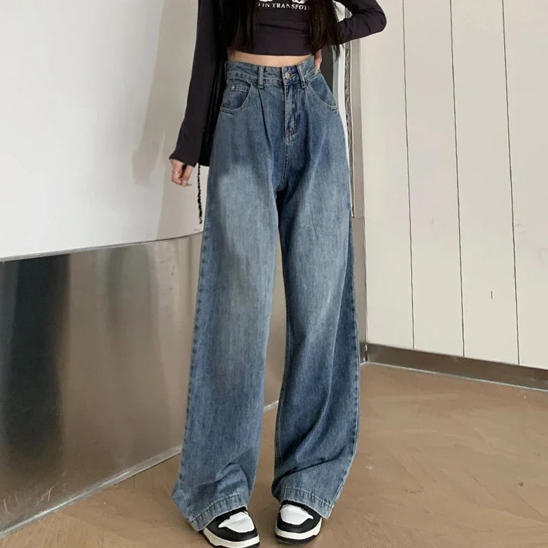 2024 Woman High Waist Vintage Baggy Jeans Lady Streetwear Wide Leg Pants Female Fashion Gray Blue Grey Light Blue Denim Trousers