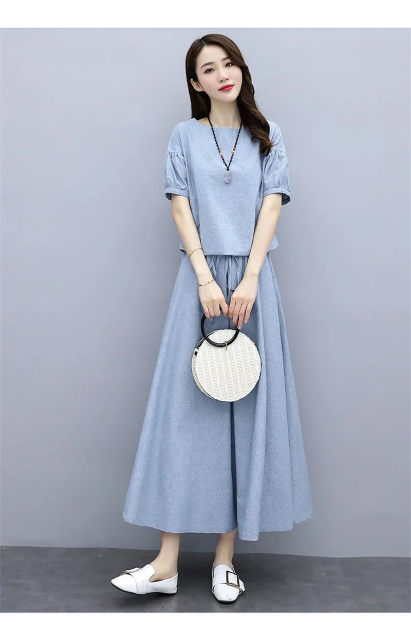 Cotton Linen Skirt Two-Piece Women's Summer 2024 New Set Slim Skirts Sleeve Suit Skirts Fashion 2PCS Temperament Female Outfit - Seprincess