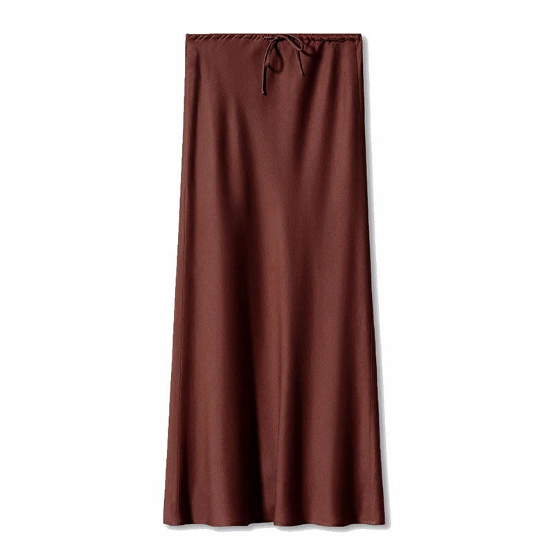 Long Black Satin Skirts For Women 2024 Autumn Winter Maxi Brown Burgundy Skirts Ladies Green Lace Up Women Satin Silk Skirt