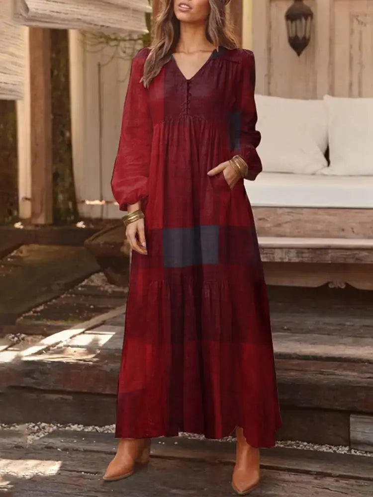 ZANZEA Autumn Long Puff Sleeve Maxi Dress Women Vintage Tiered Plaid Long Robes Fashion Cotton Linen V Neck Vestido Casual Dress - Seprincess