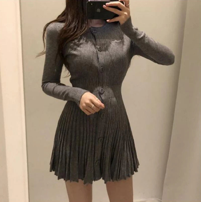 MEXZT Knitted Pleated Mini Dress Women Vintage Black Sweater Dresses Winter Korean Elegant Long Sleeve Pink Bodycon Vestidos New - Seprincess