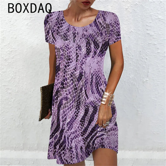 Vintage Women Dress 3D Snake Skin Pattern Print Dress Summer Big Size Short Sleeve Casual A-Line Mini Dress Vestidos De Mujer - Seprincess