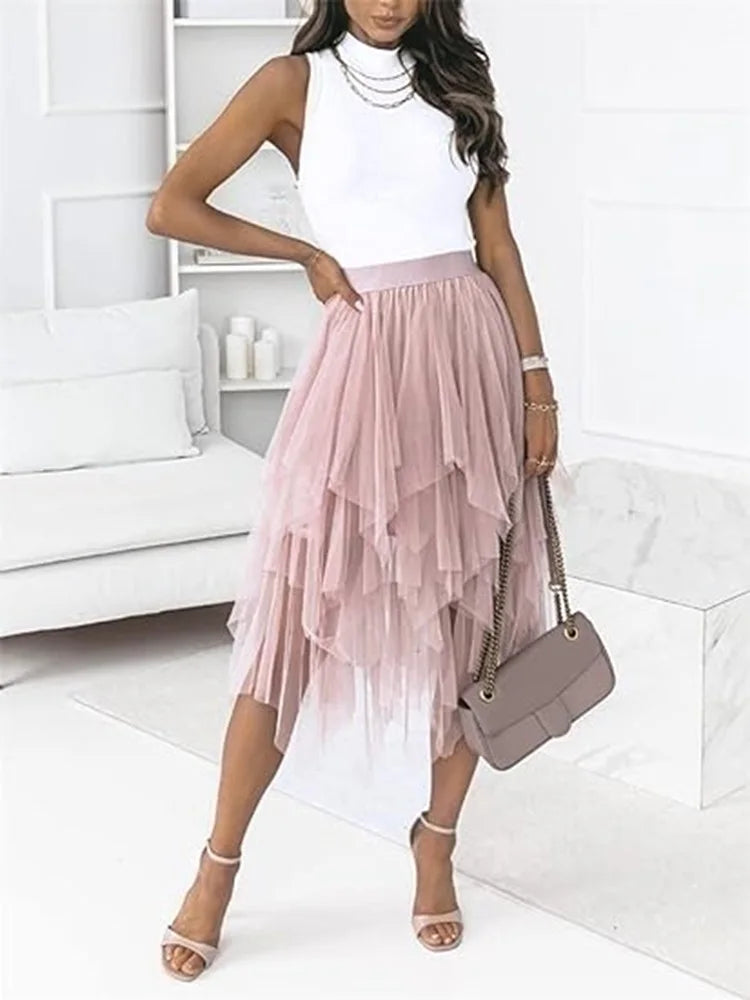 Women's Tulle Skirt Formal High Low Asymmetrical Midi Length Elastic Waist Tutu Layered Puffy Fairy Ball Gown Skirts Streetwear - Seprincess